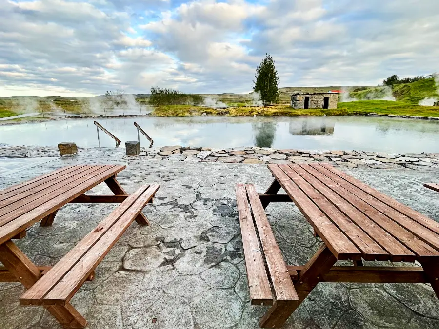 An empty hot spring with steams coming out, surrounded by nature.