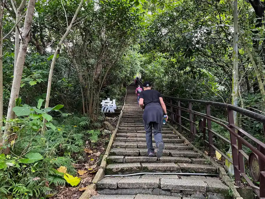 A man walking up staircases that don't end with a Chinese sign for "elephant" on the left.