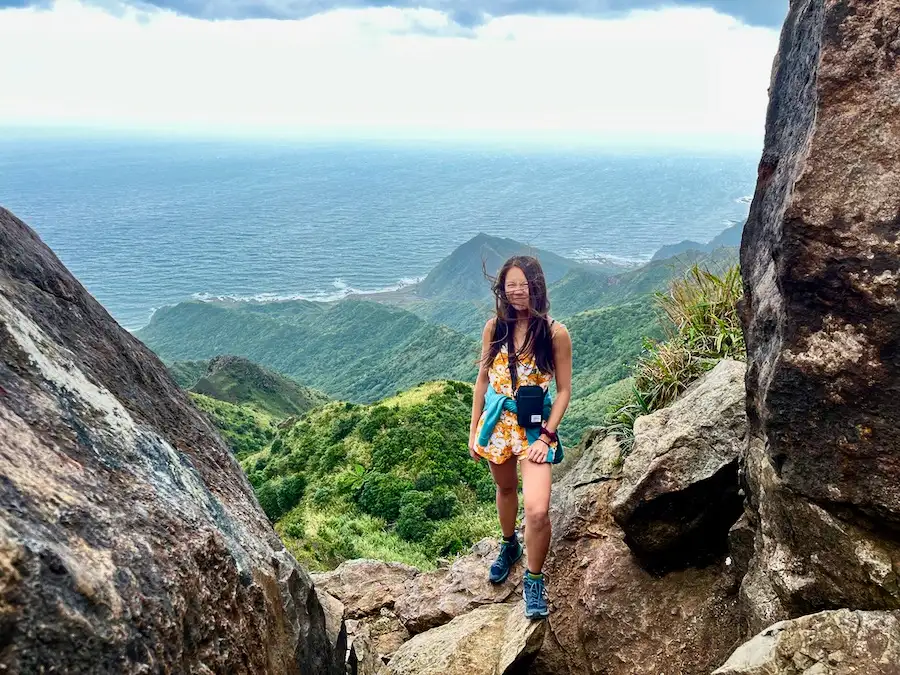 A woman with her hair blowing in the wind, standing on top of a mountain overlooking the ocean.