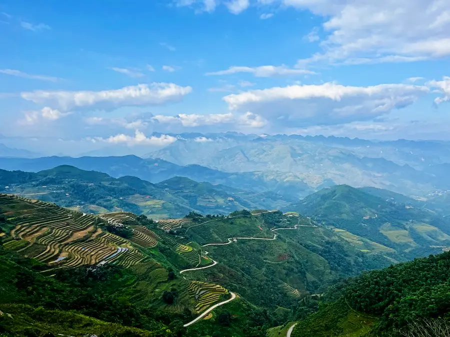 A high view of mountains with rice terraces.