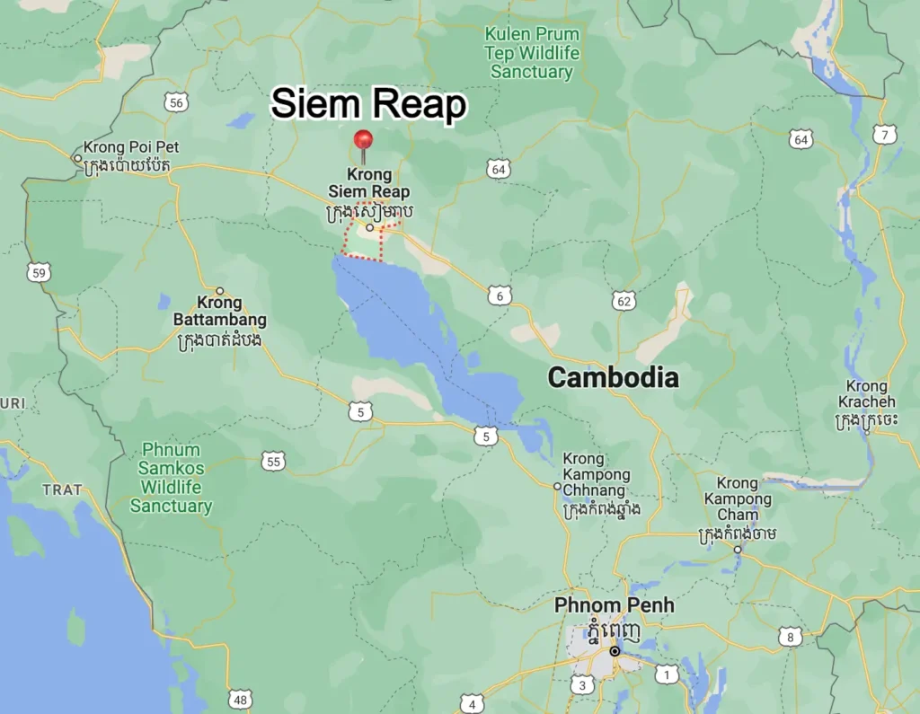 A map of Cambodia with a red pin on Siem Reap.