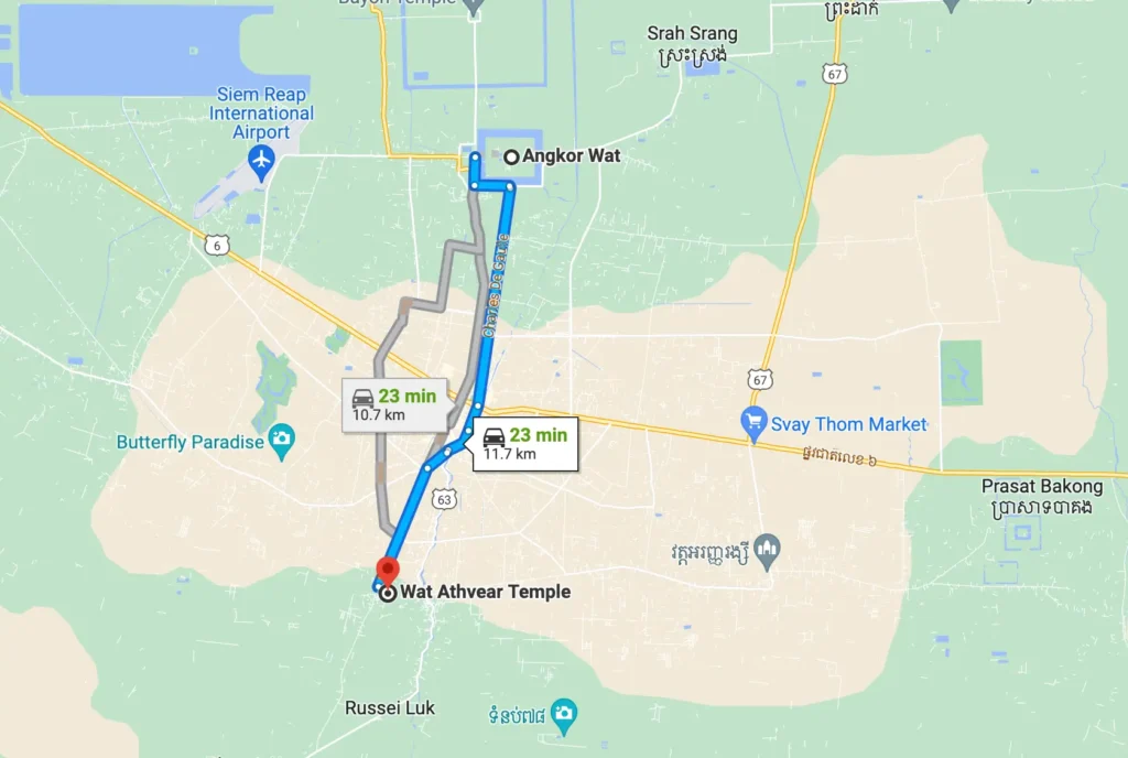 A map of Siem Reap with a route showing 11.7km in distance between two temples.