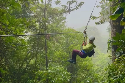 The blog author hanging on a zipline overlooking a misty rainforest.