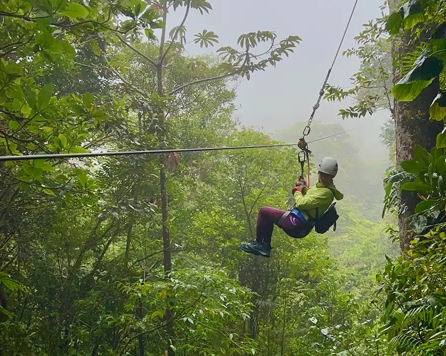 The blog author hanging on a zipline overlooking a misty rainforest.