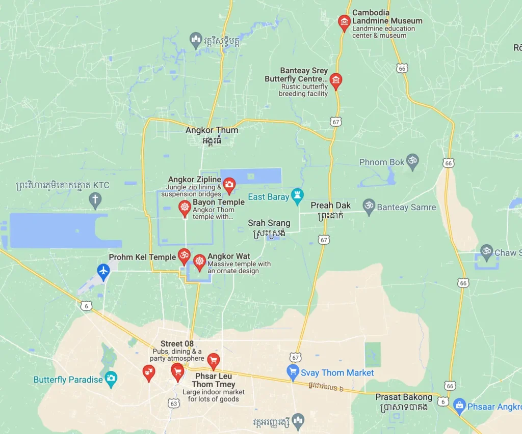 A map of Siem Reap with red pins highlighting certain locations.