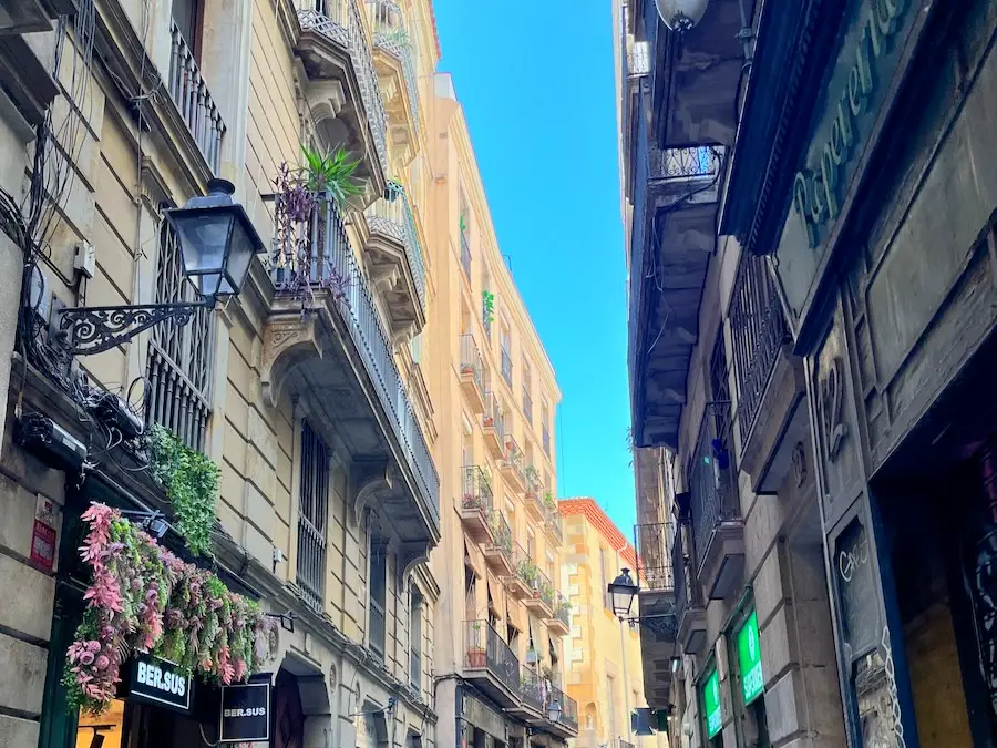 A European alleyway street with balconies decorated with plants.