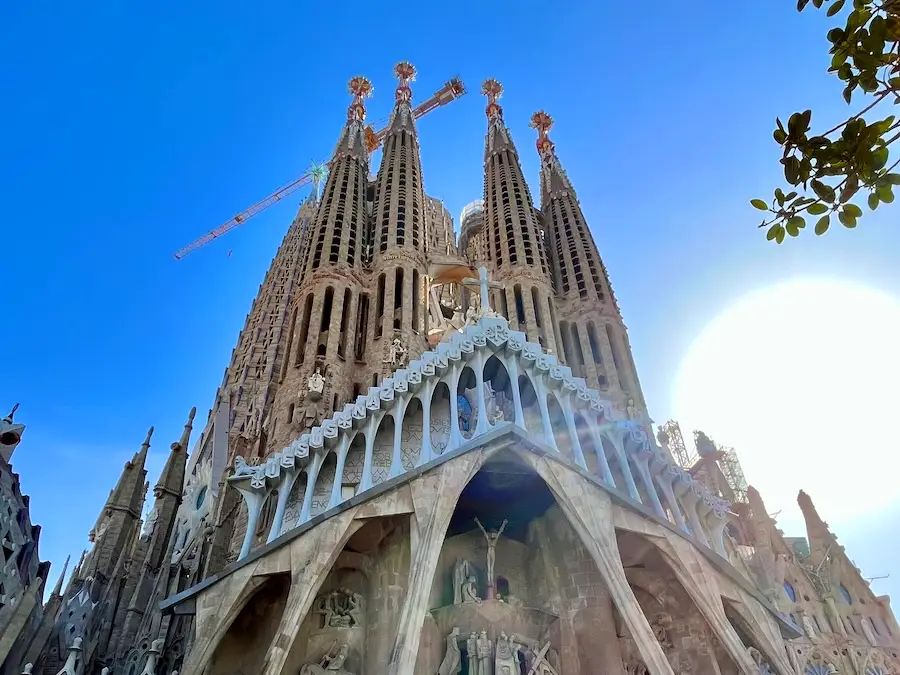 A cathedral with eccentric and detailed decorations and four pointed towers.