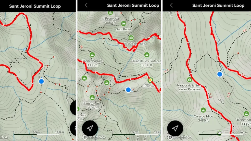 Three different map views where the user's location is slightly off the highlighted red line representing the trail.