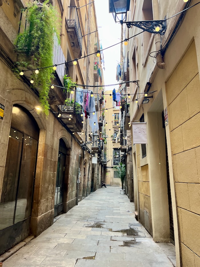 An alleyway of an European street with lights hanging and stores on each side.