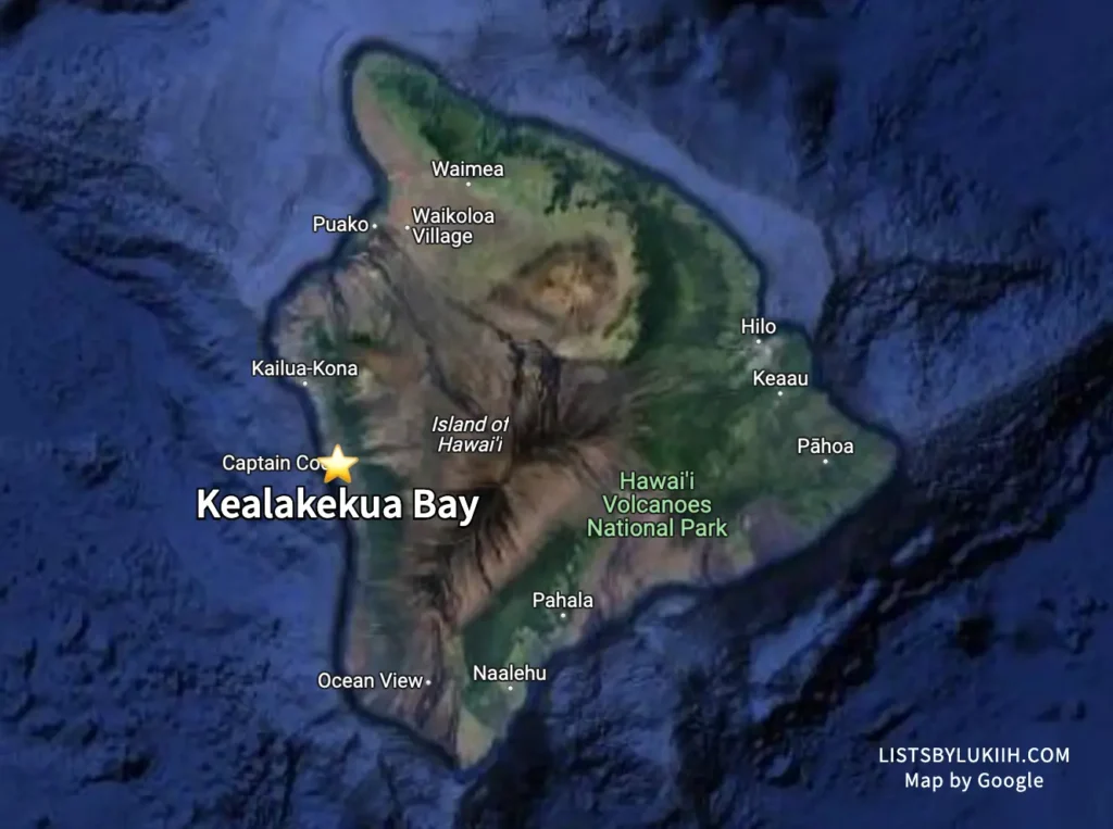 A map showing an island with a start pinned on the west side showing Kealakekua Bay.