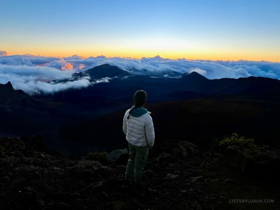 A woman facing away, standing on a mountain, waiting for the sun to rise.