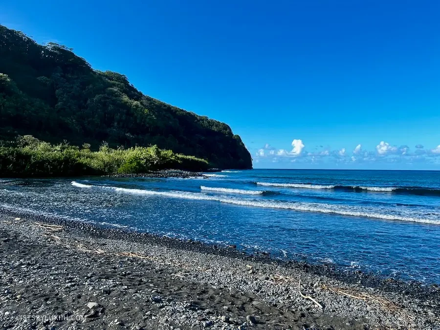A black sand beach with mountains in the background.