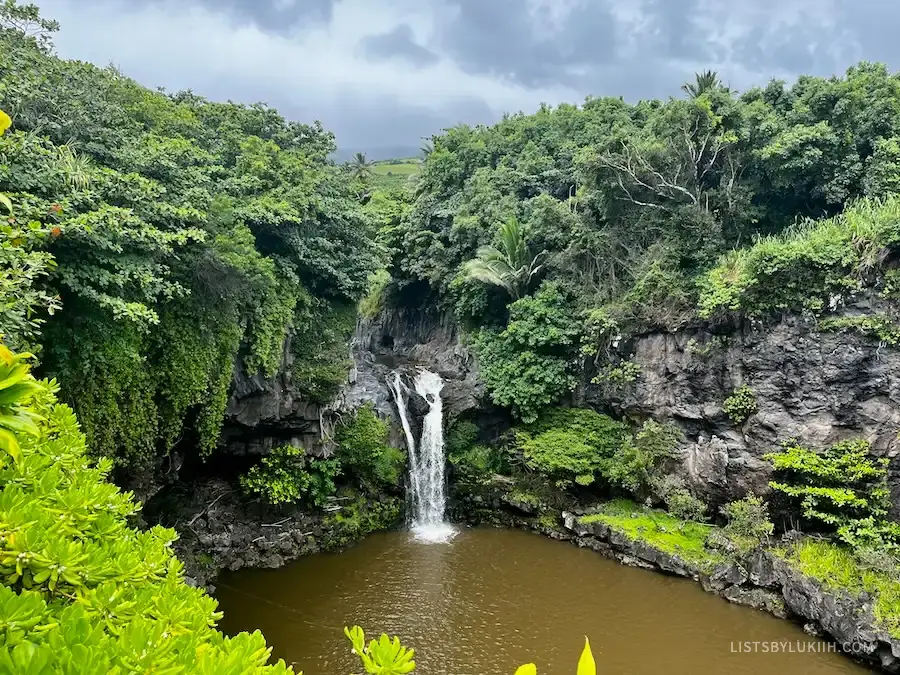 A waterfall surrounded by lush green trees.