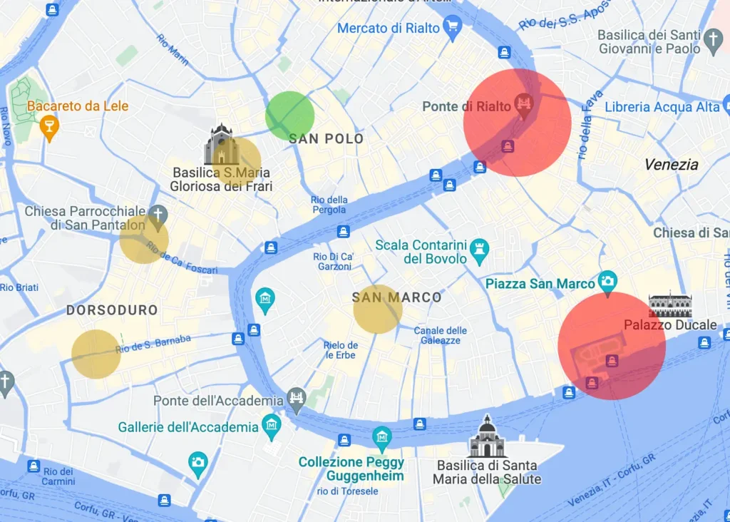 A map of Venice with circular dots highlighting different locations to catch a gondola ride.