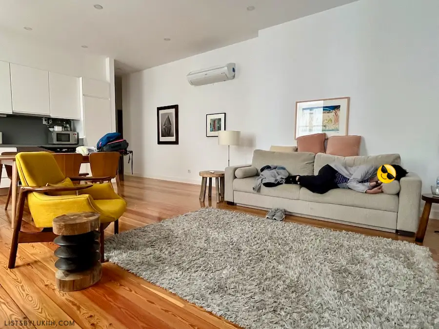 A modern living room in a spacious Airbnb.