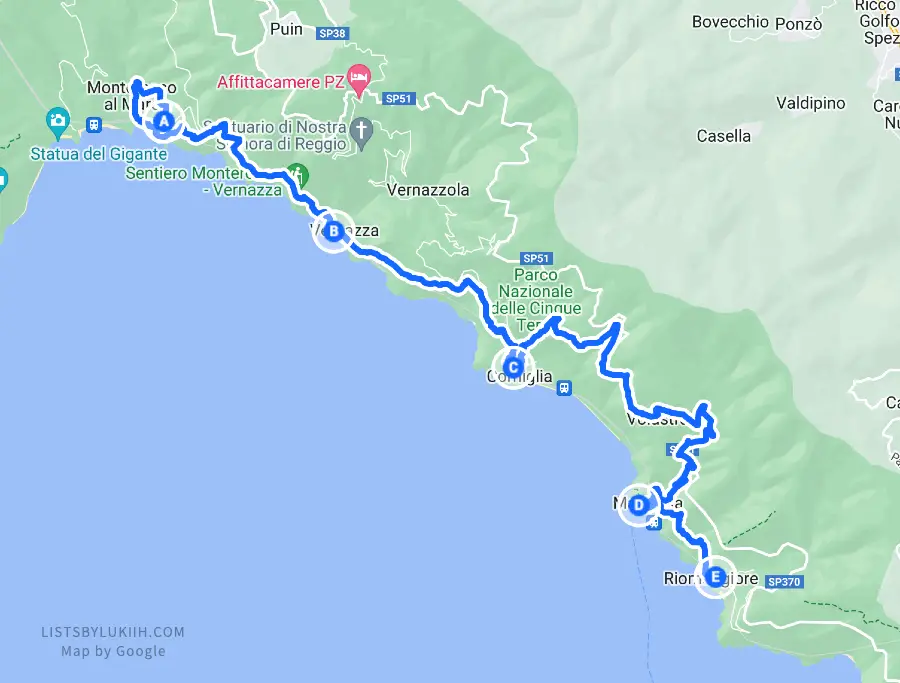 A map of a blue trail connecting five pins near the coast.