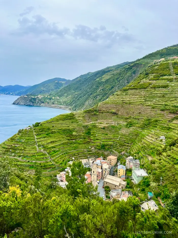 A mountain view with vineyards and a group of colorful houses.