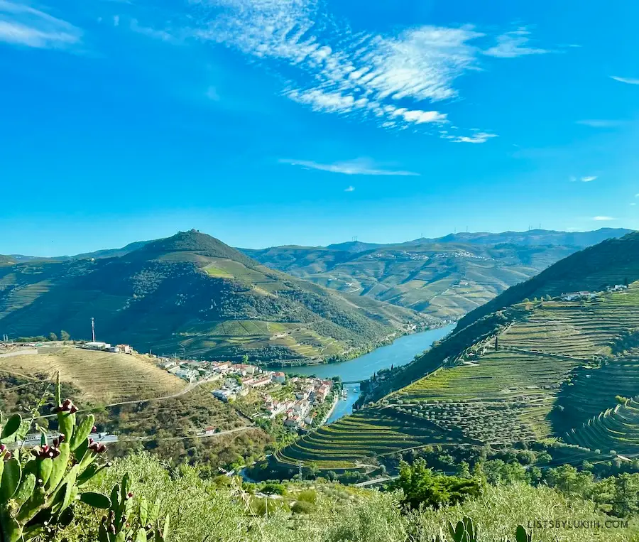 A view of a green, lush valley with a river running through it.