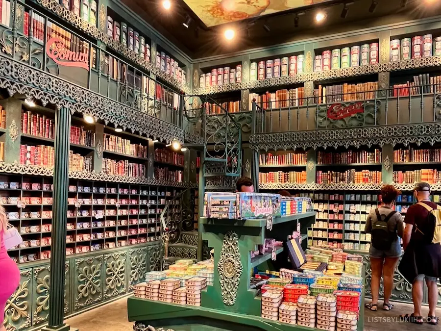 A shop stocked with colorful tins.