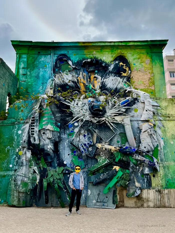 A person standing in front of a big street art showing a raccoon made out of trash.