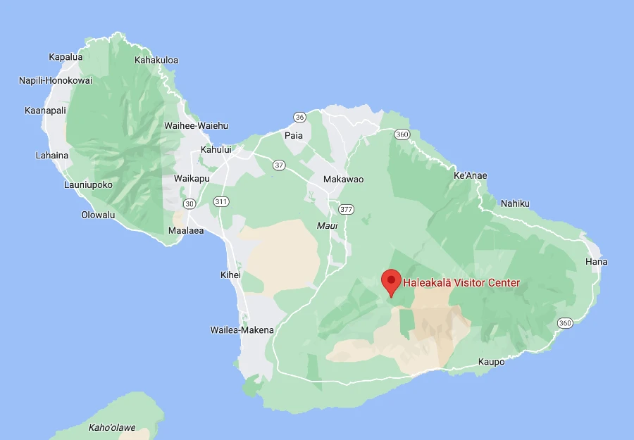 A map showing the island of Maui with Haleakalā located on the southern side.