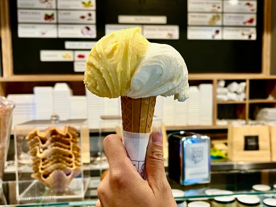A hand holding up a creamy gelato with two flavors.