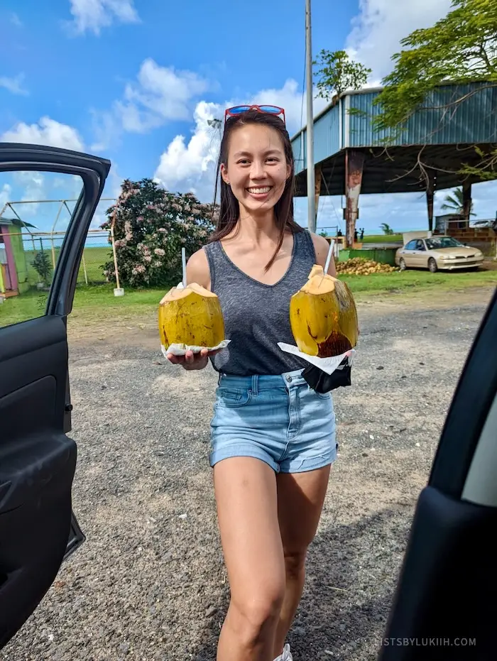 A woman holding two coconuts with straws sticking out.