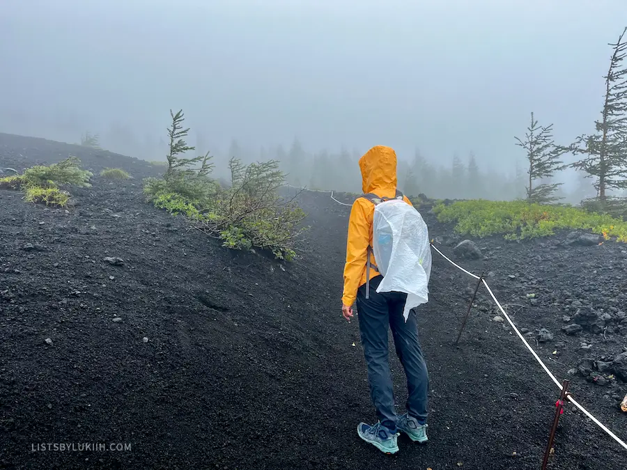 A hiker standing in a foggy trail with a trash bag over her backpack.