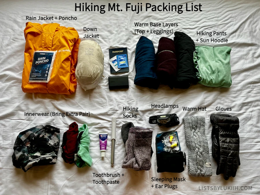 Hiking items laid out, including a rain jacket, gloves and hiking socks.
