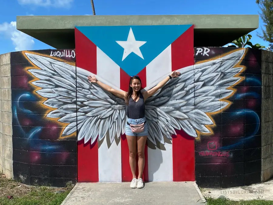 A woman standing in front of an art mural with the Puerto Rican flag.