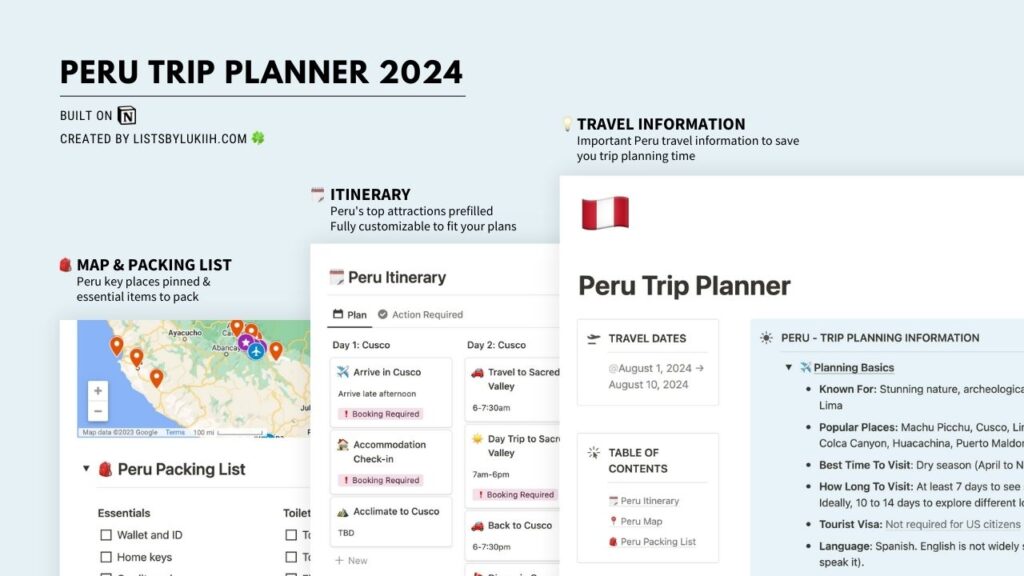 Three Notion template screenshots are shown: travel information, itinerary, and map + packing list templates.