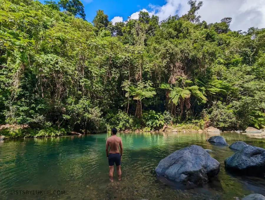 A man standing in a swimming hole surrounded by lush trees.