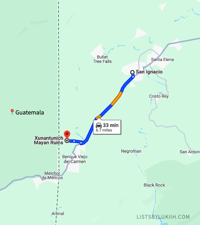A map showing the 6.7 mile distance between San Ignacio and Xunantunich Maya Ruins.