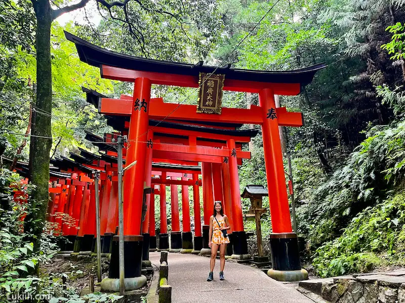 A woman standing in front of a set of red gates with Japanese writing on them.