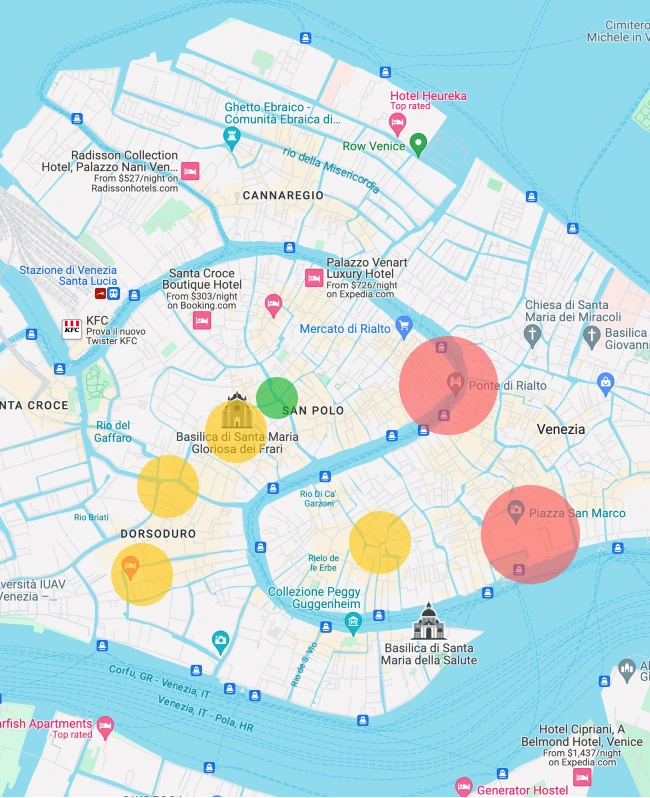 A map of Venice with circular dots highlighting different locations to catch a gondola ride.