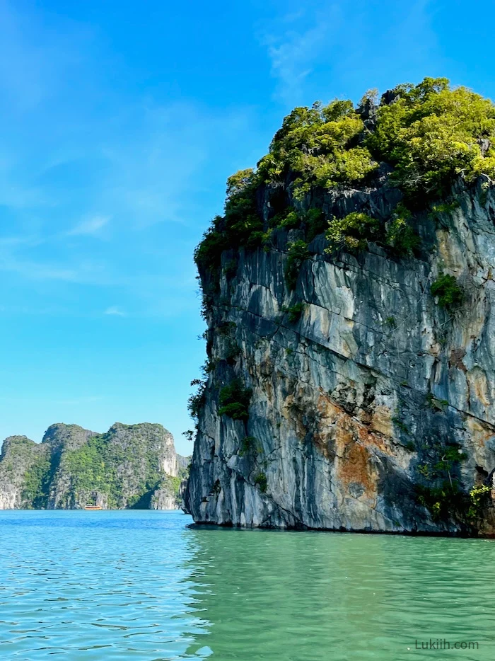 A limestone rock with trees at the top rising out of emerald water.