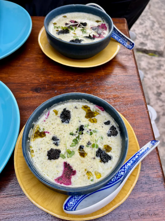 Two bowls of cauliflower soup.