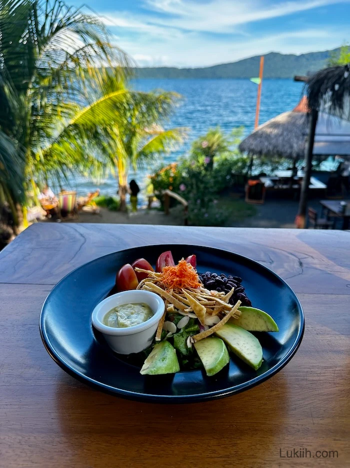 A bowl of salad with a tropical lake background.