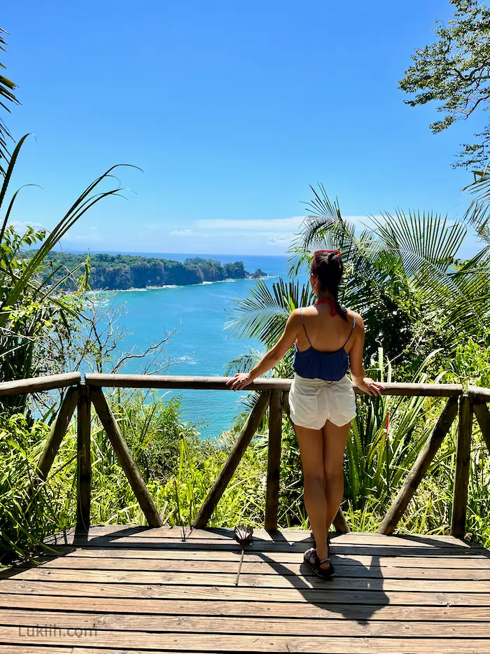 A woman staring out into the ocean while standing on jungle's viewing platform.