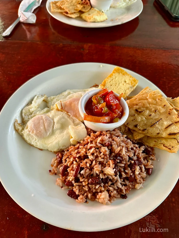 A plate with beans and rice, eggs, salsa, cheese, and tortillas.