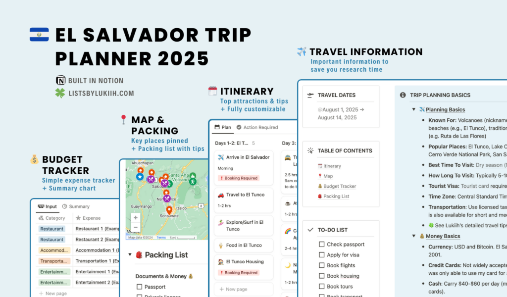 Screenshots showing a trip planner with an itinerary, packing list, map, and budget tracker.