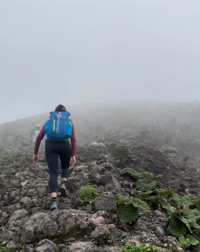 A hiker climbing up a steep rocky mountain.