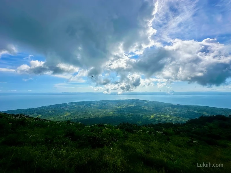 High viewpoint from a volcano of an island surrounded by water.