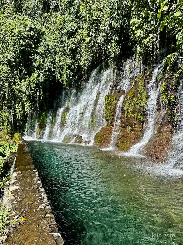 A swimming pole with several waterfalls next to it and lush trees.