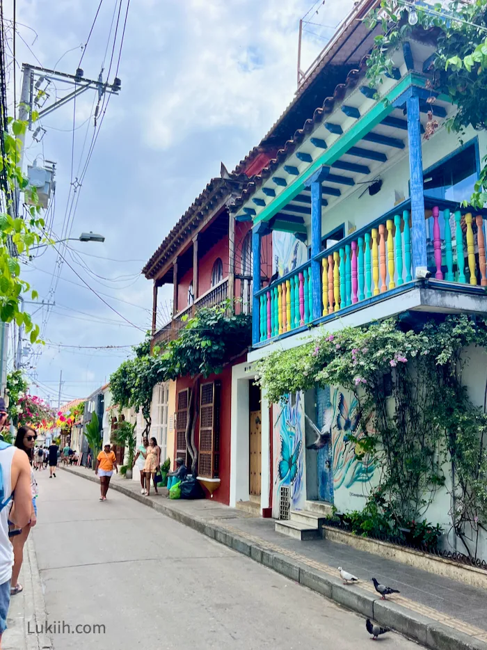 A pedestrian-friendly street surrounded by colorful buildings with plants.