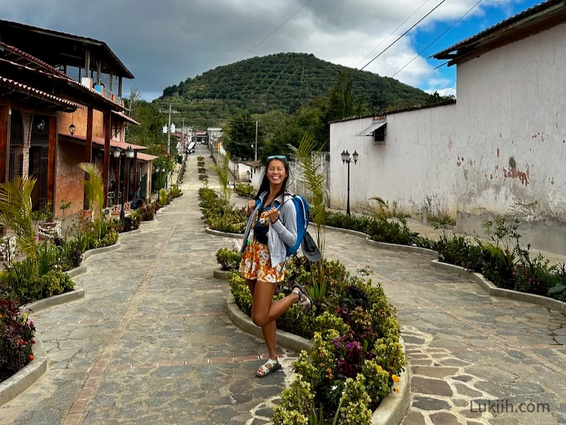 A woman standing outside on a pedestrian-street surrounded by bushes.