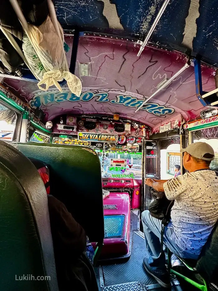 The interior of a colorful school bus.