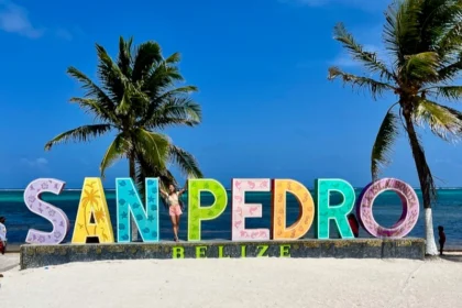 A woman posing with a SAN PEDRO sign with sand and palm trees.