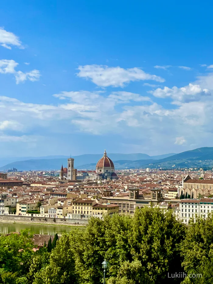 A high-up view of a city with orange roofs. A cathedral with a dome stands out.