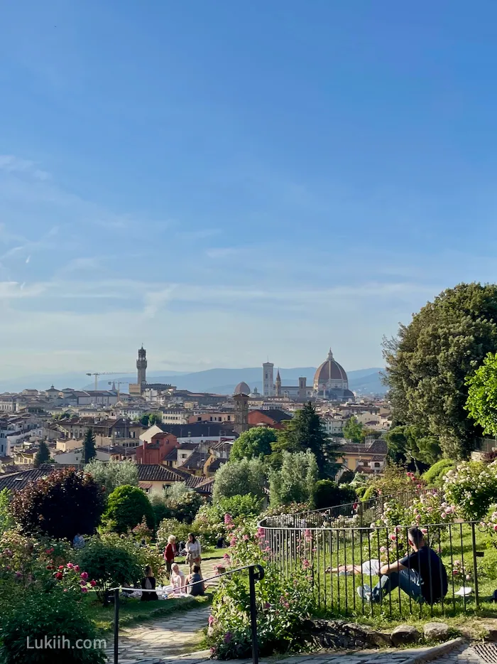 A view of a rose garden overlooking an European city.